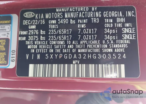 2017 Kia Sorento 2.4L Lx z USA, uszkodzony, nr VIN 5XYPGDA32HG303524